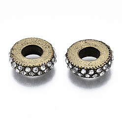 Античная Бронза Сплавочные европейские бусины, с кристальными стразами, бусины с большим отверстием, плоско-круглые, античная бронза, 11x3.5 мм, отверстие : 4.5 мм