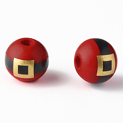 Red Painted Natural Wood Beads, Round with Belt, Christmas Style, Red, 16x15mm, Hole: 4mm