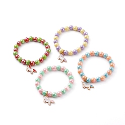 Mixed Color Opaque Acrylic Beads Stretch Bracelet for Kids, with Alloy Enamel Unicorn Pendant, Mixed Color, Inner Diameter: 1-3/4 inch(4.5cm)