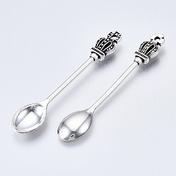 Antique Silver Tibetan Style Alloy Big Pendants, Cadmium Free & Lead Free, Spoon with Crown, Antique Silver, 59.5x11.5x7mm, Hole: 1.2mm, about 380pcs/1000g