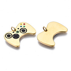 Real 14K Gold Plated 316 Surgical Stainless Steel Pendants, with Jump Rings and Enamel, Game Controller, Real 14K Gold Plated, 14x20x1.5mm, Hole: 2.5mm, Jump Ring: 4x0.5mm, 2.5mm inner diameter