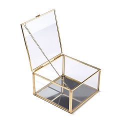 Golden Square Transparent Glass Jewellery Chest, with Flip Cover, for Jewelry Display Cosmetics Storage Box, Golden, 13.1x13.1x7.5cm, Inner Diameter: 12.3x12.3cm