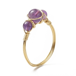 Amethyst Natural Amethyst Round Braided Beaded Finger Ring, Light Gold Copper Wire Wrap Jewelry for Women, Inner Diameter: 18mm