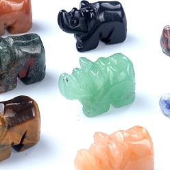 Mixed Stone Natural Gemstone Carved Healing Rhinoceros Figurines, Reiki Energy Stone Display Decorations, 26x20mm