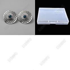 Antique Silver 10Pcs 1-Hole Alloy & Resin Beads Buttons, Flat Round with Flower Pattern, for DIY Luggage and Hardware Accessaries, Antique Silver, 30x14mm, Hole: 7mm