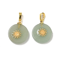 Зеленый Авантюрин Естественный зеленый авантюрин подвески, плоские круглые подвески золотистого оттенка 304 солнечные ломтики из нержавеющей стали и латунные застежки-кнопки, 19~20.5x16~16.3x3.5~4.2 мм, отверстие : 6x3 мм