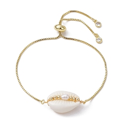 Golden Natural Shell & Pearl Links Slider Bracelet, Golden Brass Box Chains Adjustable Bracelet for Women, Golden, Inner Diameter: 3/8~3-5/8 inch(1~9.2cm)