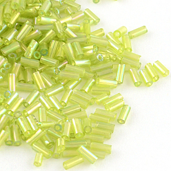 Green Yellow AB Color Plated Glass Bugle Beads, Transparent Colours Rainbow, Green Yellow, 4~4.5x2mm, Hole: 1mm, about 450g/bag, 14000pcs/bag