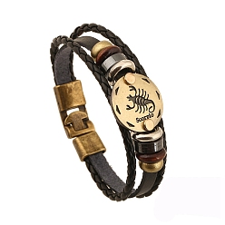 Scorpio Cowhide & PU Leather Triple Layer Multi-strand Bracelet, Constellation Alloy & Wood Beaded Gothic Bracelet, Scorpio, 8-7/8 inch(22.5cm)