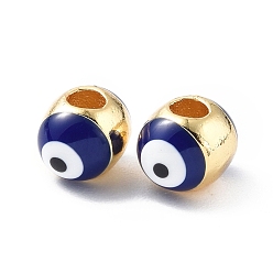 Midnight Blue Evil Eyes Brass Enamel Beads, Cadmium Free & Lead Free, Real 18K Gold Plated, Oval, Midnight Blue, 7x5.5mm, Hole: 2mm