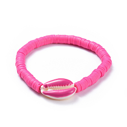 Hot Pink Stretch Bracelets, with Handmade Polymer Clay Heishi Beads and Cowrie Shell Beads, Hot Pink, 2 inch(5.2cm)