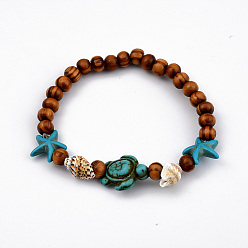 Wood Round Wood Stretch Bracelets, with Dyed Synthetic Turquoise(Dyed) and Spiral Shell Beads, Tortoise and Starfish/Sea Stars, 2-1/8 inch(5.3cm)