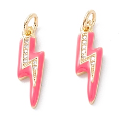 Cerise Brass Micro Pave Clear Cubic Zirconia Pendants, with Enamel & Jump Ring, Long-Lasting Plated, Lightning Bolt, Real 18K Gold Plated, Cerise, 19x5.5x2mm, Hole: 3.6mm