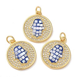 Синий Плоские круглые подвески из латуни с фианитом и хамсой, с эмалью и ракушкой, долговечный, без свинца и без кадмия, реальный 18 k позолоченный, с прыжковых колец, синие, 20x17x3 мм, отверстие : 3 мм