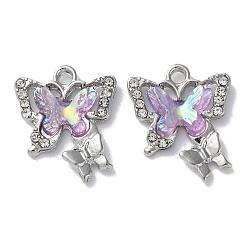 Platinum Alloy Resin Pendants, Lead Free & Cadmium Free, Butterfly Charms with Crystal Rhinestone, Lilac, Platinum, 21x17x4.5mm, Hole: 2mm
