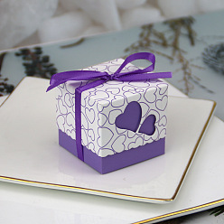 Blue Violet Square Foldable Creative Paper Gift Box, Candy Boxes, Heart Pattern with Ribbon, Decorative Gift Box for Wedding, Blue Violet, 5.2x5.2x5cm