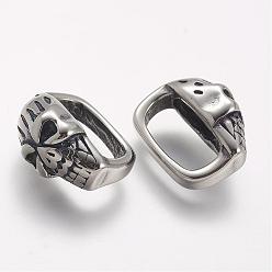 Antique Silver 304 Stainless Steel Slide Charms, Skull, Antique Silver, 16.5x8.5x14mm, Hole: 7x12mm
