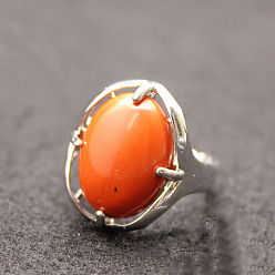 Red Jasper Oval Natural Red Jasper Adjustable Ring, Platinum Alloy Jewelry for Women, Inner Diameter: 18mm
