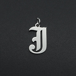 Letter J 304 Stainless Steel Pendants, with Jump Ring, Old English, Letter, Laser Cut, Stainless Steel Color, Letter.J, 16.5x9.5x1mm, Hole: 3mm