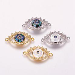 Mixed Color Brass Micro Pave Cubic Zirconia Links, with Freshwater Shell, Eye, Mixed Color, 14x25x3mm, Hole: 1mm