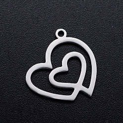 Stainless Steel Color 201 Stainless Steel Filigree Charms, Heart with Heart, Stainless Steel Color, 14x15x1mm, Hole: 1.2mm