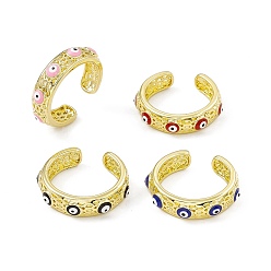 Mixed Color Enamel Evil Eye Open Cuff Ring, Real 18K Gold Plated Brass Hollow Out Hexagon Finger Ring for Women, Cadmium Free & Lead Free, Mixed Color, US Size 7 1/2(17.7mm)