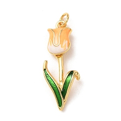 Naranja Colgantes de latón con esmalte, encantos de tulipanes, chapado en rack, larga duración plateado, sin plomo y el cadmio, real 18 k chapado en oro, naranja, 32x12x6 mm, agujero: 3 mm
