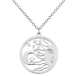 Stainless Steel Color Titanium Steel Celestial Sun Moon and Star Pendant Necklace, Lucky Motif Amulet Necklace, Flat Round Hollow Necklace Jewelry Gift for Women, Stainless Steel Color, 17.72 inch(45cm)