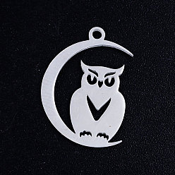 Stainless Steel Color 201 Stainless Steel Pendants, For Halloween, Owl with Moon, Stainless Steel Color, 20x14x1mm, Hole: 1.5mm