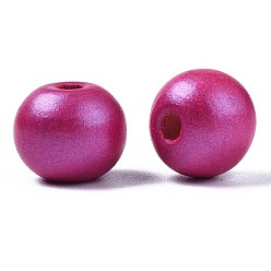 Medium Violet Red Painted Natural Wood Beads, Pearlized, Round, Medium Violet Red, 10x8.5mm, Hole: 3mm