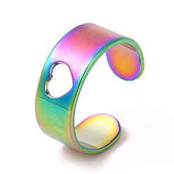 Rainbow Color Ion Plating(IP) 201 Stainless Steel Ring, Open Cuff Ring, Hollow Heart Ring for Women, Rainbow Color, US Size 6 3/4(17.2mm)