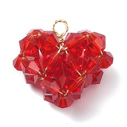 Red Imitation Austrian Glass Beaded Pendants, with Copper Wire Findings, Heart Charms, Red, 17x18x9mm, Hole: 2mm