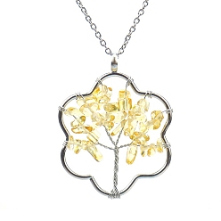 Citrine Natural Citrine Chips Beaded Flower with Tree Pendant Necklaces, with Platinum Brass Chains, 20.87 inch(53cm)