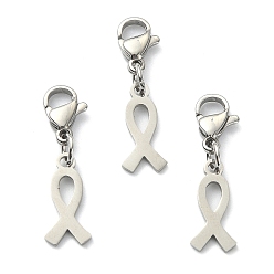 Stainless Steel Color Awareness Ribbon 304 Stainless Steel Pendant Decotations, with Lobster Claw Clasps, Stainless Steel Color, 26mm