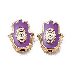 Purple Alloy Enamel Beads, Hamsa Hand/Hand of Miriam with Evil Eye, Golden, Purple, 12x9.5x4mm, Hole: 1.6mm