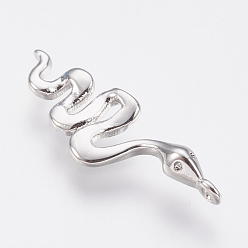 Platinum 5Pcs Brass Charms, Lead Free & Cadmium Free, Snake, Platinum, 28x9x3.50mm, Hole:1.2mm