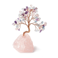 Aquamarine Natural Aquamarine Tree Display Decoration, Natural Rose Quartz Base Feng Shui Ornament for Wealth, Luck, Rose Gold Brass Wires Wrapped, 47~60x88~105x122~145mm