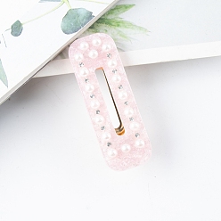 Pearl Pink Rectangle Glitter Acrylic No Bend Alligator Hair Clips for Women, No Crease Curl Pins, with Rhinestone & Plastic Imitation Pearls, Pearl Pink, 61x19mm