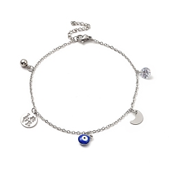 Moon Enamel Evil Eye & Cubic Zirconia & 304 Stainless Steel Charm Anklet with Cable Chains, Stainless Steel Color, Moon Pattern, Moon: 10x7x0.5mm, 8-7/8 inch(22.5cm)