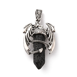 Lava Rock Natural Lava Rock Pointed Pendants, Faceted Bullet Charms, with Rack Plating Platinum Tone Alloy Dragon Findings, Cadmium Free & Lead Free, 39~41x24~25x13~14mm, Hole: 4x8mm