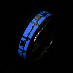 Deep Sky Blue 304 Stainless Steel Luminous Finger Rings, Heartbeat Enamel Glow in the Dark Wide Band Ring, Deep Sky Blue, US Size 8(18.1mm), 8mm