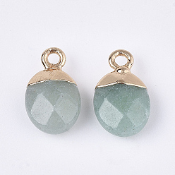 Green Aventurine Electroplate Natural Green Aventurine Charms, with Iron Findings, Faceted, Oval, Golden, 14~15x8x5~5.5mm, Hole: 1.8mm