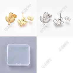 Real Gold Plated & Stainless Steel Color 24Pcs 2 Colors 304 Stainless Steel Stud Earring Findings, with Loop and Ear Nuts, Earring Backs, Leaf, Real Gold Plated & Stainless Steel Color, 14x11mm, Hole: 1mm, Pin: 0.7mm, 12pcs/color