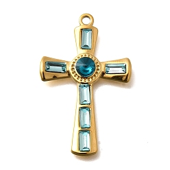Аквамарин 304 подвески из нержавеющей стали, со стразами, реальный 18 k позолоченный, ионное покрытие (ip), крестик, аквамарин, 37.5x23.5x4.5 мм, отверстие : 2 мм