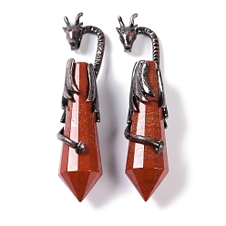 Красный Камень Натуральная красная яшма, граненая заостренная пуля, большие подвески, стойка с латунными подвесками в виде дракона, без свинца и без кадмия, Красная медь, 73.5~78.5x15.5~16.5x15.5~16.5 мм, отверстие : 4x2.5 мм