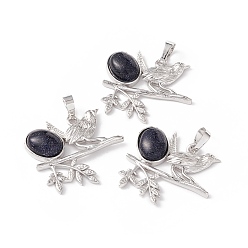 Blue Goldstone Synthetic Blue Goldstone Pendants, with Platinum Tone Brass Findings, Cadmium Free & Lead Free, Bird with Oval Charms, 29x32x6mm, Hole: 5x8mm