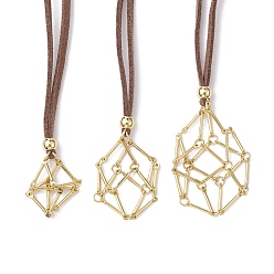 Golden 3Pcs 3 Style Crystal Holder Cage Necklace, Brass Bar Connected Pouch Empty Stone Holder for Pendant Necklace Making, Faux Suede Cord Necklace, Golden, 31-5/8~32~1/8 inch(80.4~81.6cm), 1pc/style