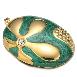 Green Stainless Steel Rhinestones Pendants, with Enamel, Golden, Oval with Flower Charm, Green, 31x24mm, Hole: 1.5mm