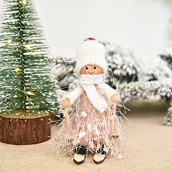 Misty Rose Cloth & Wood Ski Doll Pendant Decorations, for Christmas Tree Hanging Ornaments, Misty Rose, 100x50x60mm
