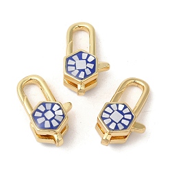 Синий Карабин-лобстеры, латунные, с эмалью и ракушкой, долговечный, без свинца и без кадмия, реальный 18 k позолоченный, шестиугольник, синие, 18x9.5x7 мм, отверстие : 1.5 мм